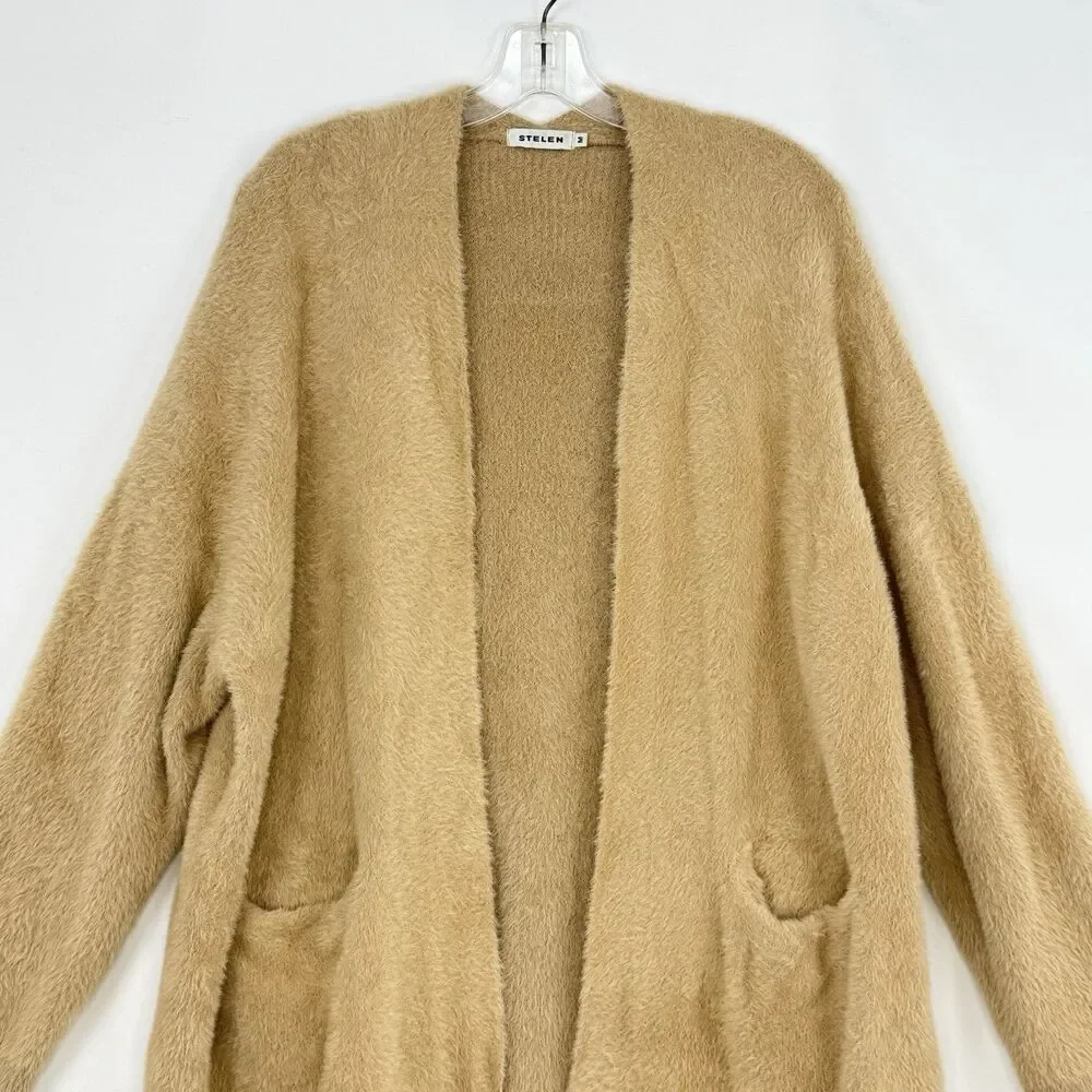 STELEN Fuzzy Knit Long Cardigan Sweater Camel Tan Open Front Slouchy Womens Sz M